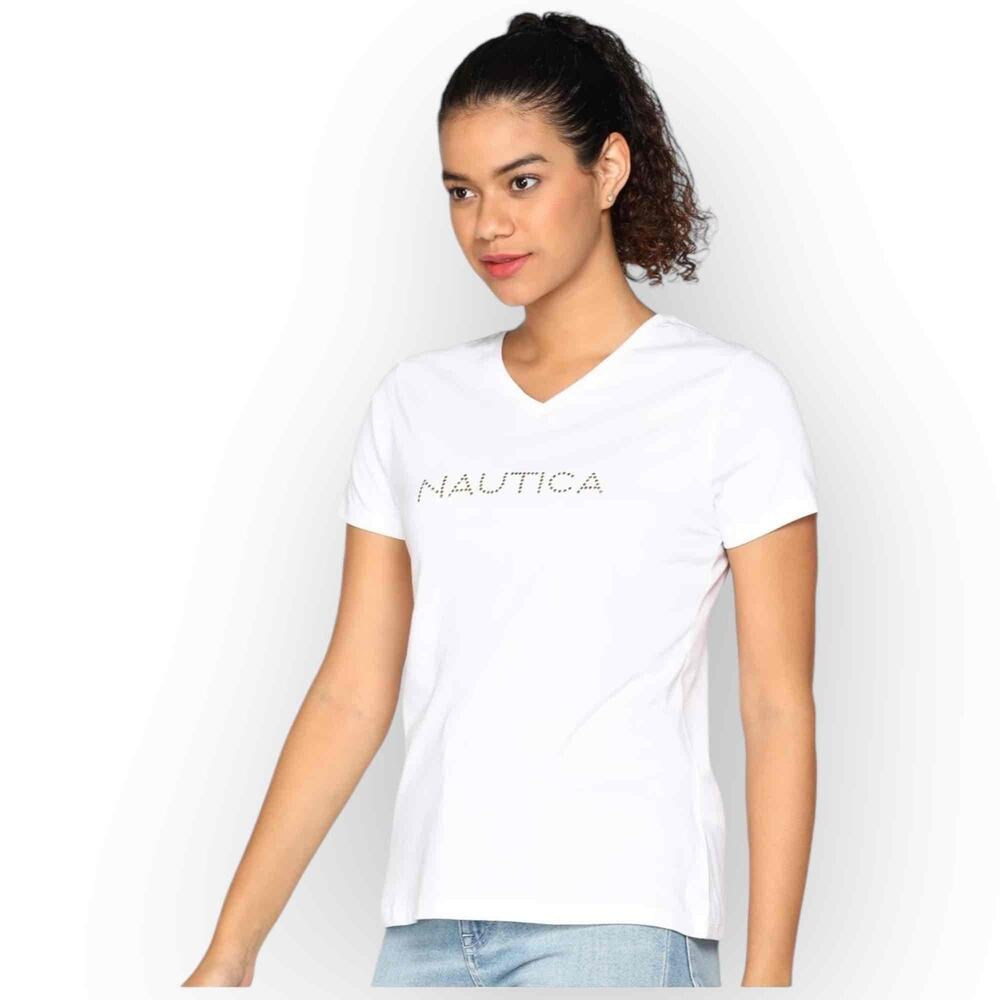 Nautica Women’s Gold Studded Logo V-Neck T-Shirt, White, Size XS, NWT 301XS